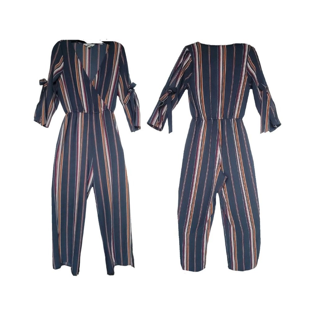 Sz S Womens Speechless Jumpsuit Striped Long Sleeve Elastic Waist Gray Multi New - Picture 2 of 9